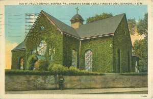 Norfolk, Virginia Old St. Paul's Church Linen Postmarked 1937