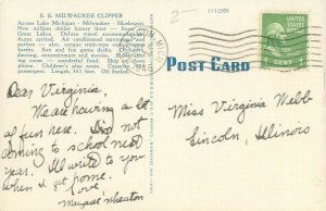 S S Milwaukee Clipper Ship on Lake Michigan 1946 Linen Postcard