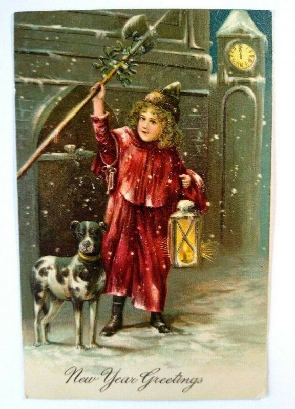 Victorian New Years Day Postcard Great Dane Dog Puppy Old World Germany PFB 9526 
