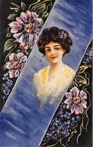 Woman with brunette hair and flowers Artist C. Ryan Glamour Woman Unused 
