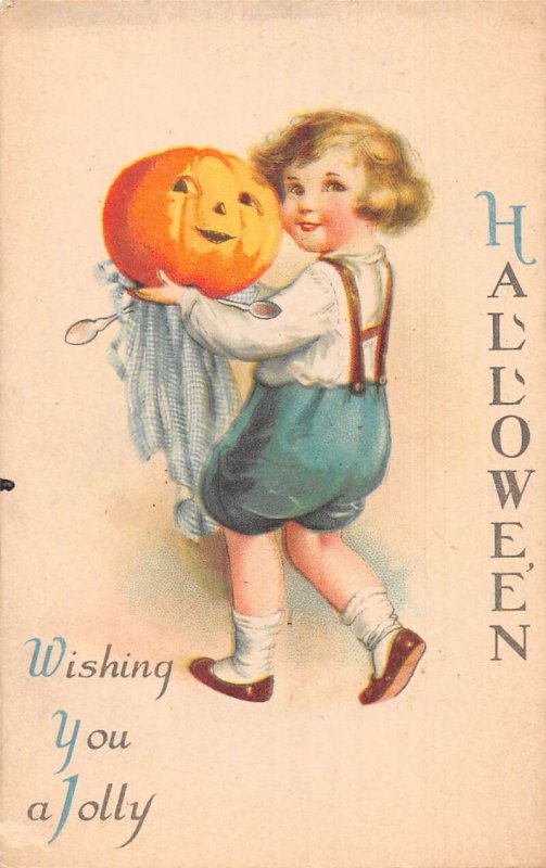 Halloween Greetings Children Pumpkin Jack o Lantern Clapsaddle Wolf PC AA56747 