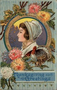 Thanksgiving Pretty Pilgrim Turkey c1910 Gel Vintage Postcard