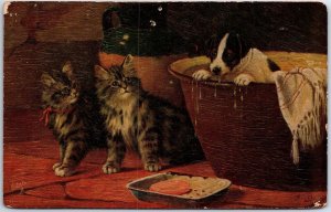 VINTAGE POSTCARD TUCKS DOG AND CATS EYEING FOOD [rear disturbances & pinholes]