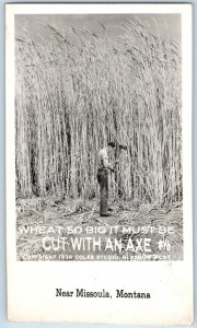 Missoula Montana Mt Postcard RPPC Photo Wheat Man Cut With An Axe Farming 1947