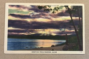 UNUSED LINEN PC - GREETINGS FROM RUMFORD, MAINE - BLUE STAINS FRONT & BACK