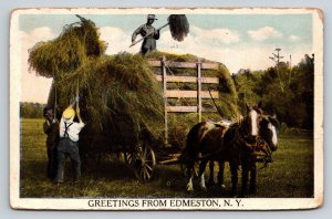 1922 Edmeston NY Hay Harvest Postcard Horse Drawn Wagon Farm Scene
