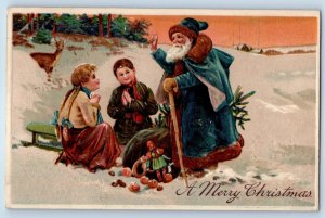 1908 Christmas Santa Claus Blue Robe With Sack Of Toys Children PFB Postcard