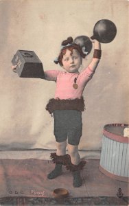 Little Girl  Lifting Weights, Color Lithograph Vintage Postcard U10138