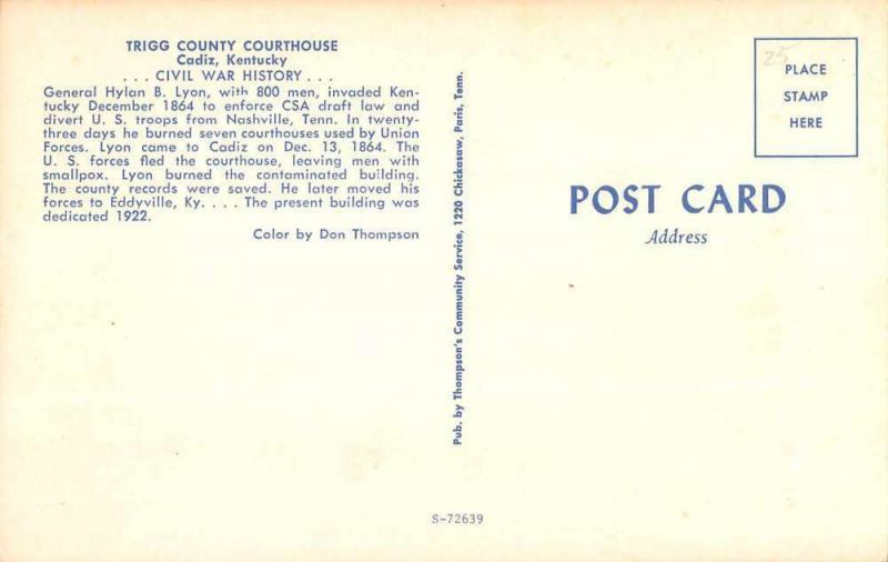 Cadiz Kentucky Trigg Court House Street View Vintage Postcard K43522