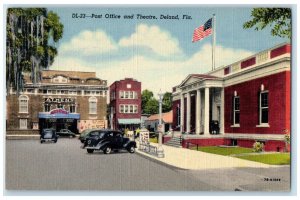 1950 Post Office & Theater Classic Cars Building Flag Deland Florida FL Postcard