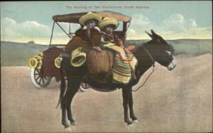 Mule & Children Juxtaposed w/ 'Modern' Car in South America c1910 Postcard