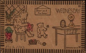 Wednesday Teddy Bears Sewing Real Leather c1910 Vintage Postcard