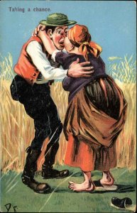 A/S Fat Woman Kissing Man by Wheat Field FARMING COMIC c1910 Postcard