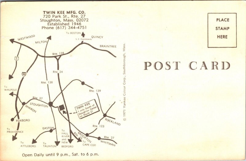 Stoughton Massachusetts Twin Kee MFG Co Multi View Interior Chrome Postcard 