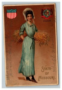 Vintage 1908 Postcard State of Missouri Woman Farmer Embossed Patriotic