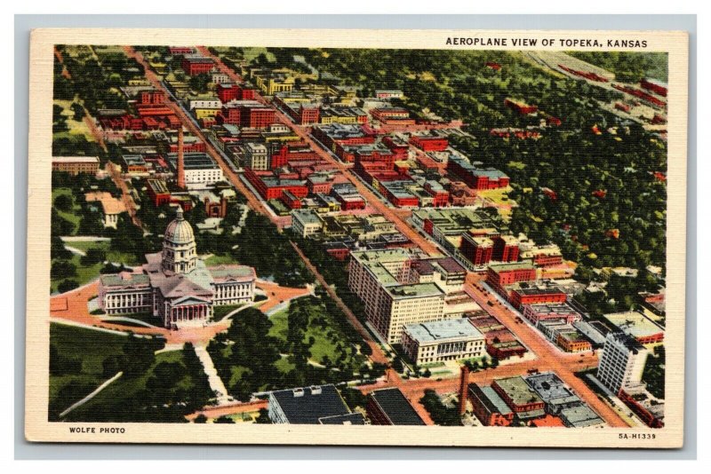 Vintage 1940's Postcard Aerial View Downtown and Capitol Building Topeka Kansas