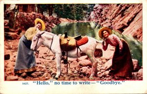 Donkey and Two Ladies Hello No Time To Write Goodbye 1910