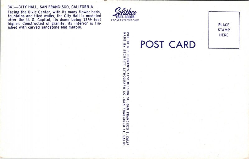 City Hall San Francisco California CA Postcard VTG UNP Selithco Vintage Unused 