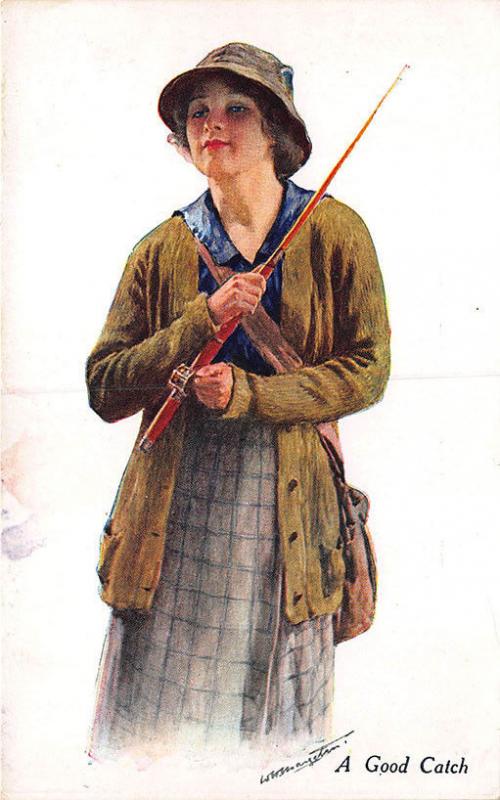 A Good Catch Woman Fly Fishing Outfit  Signed Postcard