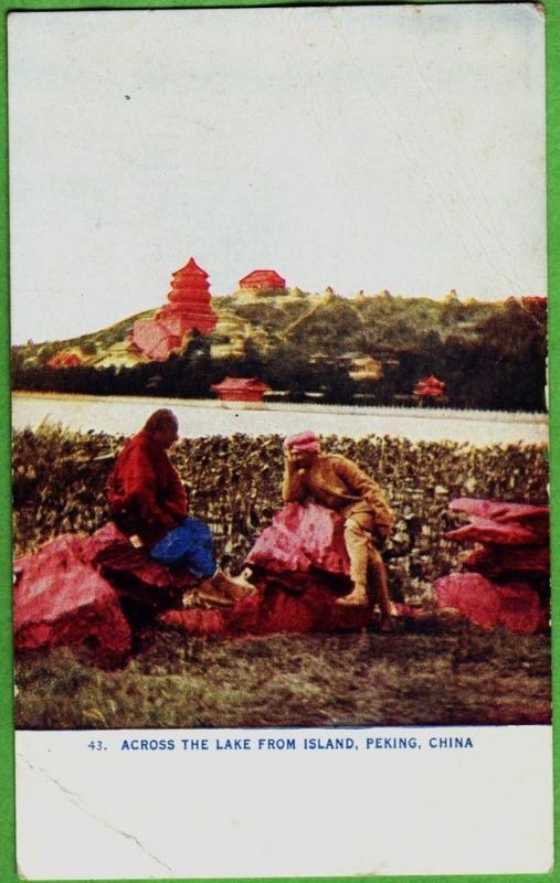 c1910 Peking CHINA Chinese Postcard Men Temple Lake