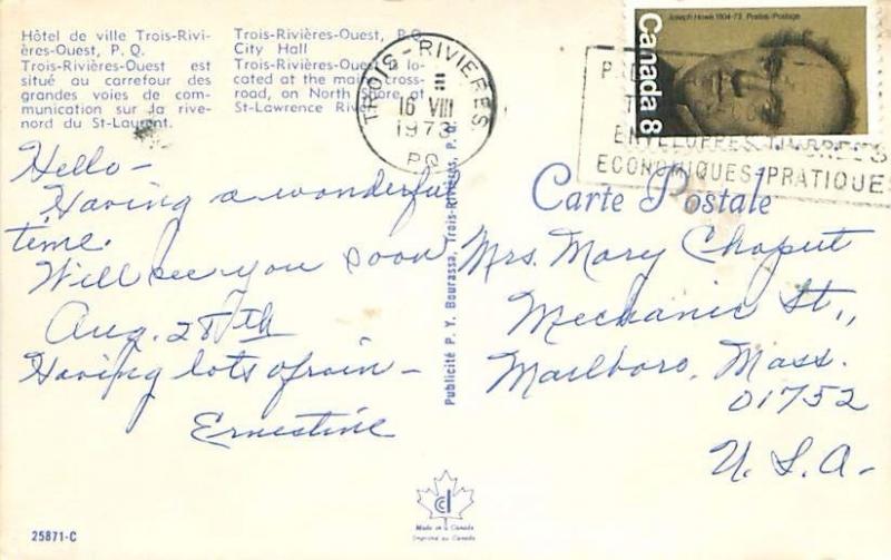 TROIS RIVIERES OUEST HOTEL DE VILLE QUEBEC CANADA POSTCARD 1973