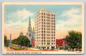 Harrisburg PA~State St Bldg~Church Steeple~Obelisk Monument~Linen 1938 Postcard