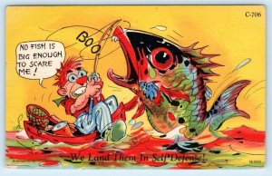 RAY WALTERS Fish Comic We Land Them in Self Defense Exaggeration  Postcard