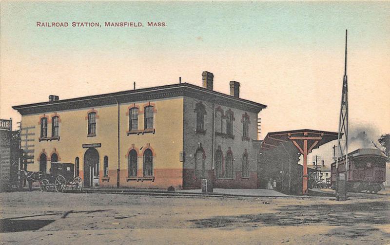 Mansfield MA Railroad Station Train Depot Horse & Wagon Postcard