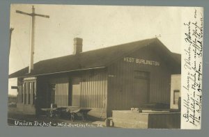 West Burlington IOWA RPPC 1910 DEPOT Train Station UNION DEPOT Railroad Railway