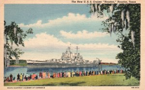 Vintage Postcard New U.S.S. Cruiser Home From The War Houston Texas Seawall Pub.