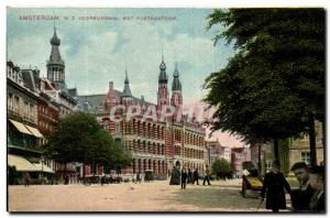 Old Postcard Netherlands Amsterdam Voorburgwal met Postkantoor