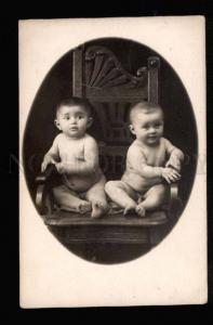040447 Two NUDE Boy on Arm-Chair. Vintage Real PHOTO