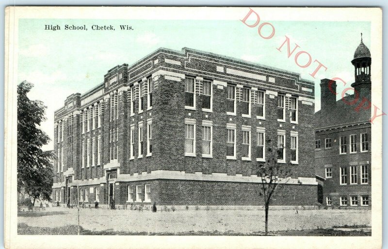 c1910s Chetek, Wis. High School Building Litho Photo Postcard E.C. Kropp Vtg A23