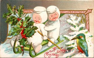 Christmas Postcard Snow Babies Children Sledding Beautiful Bird and Holly