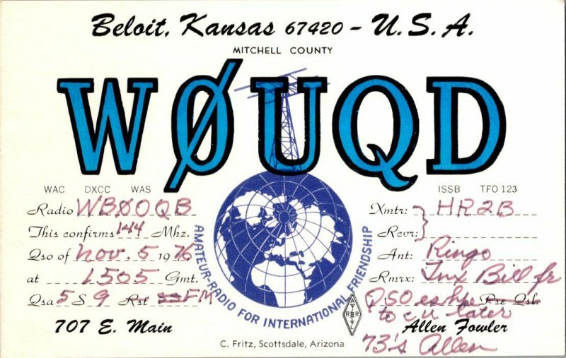 QSL Radio Card From Beloit Kansas WØUQD