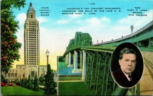 Baton Rouge State Capitol Huey P Long Bridge New Orleans UNP Linen Postcard E10 