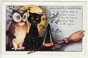 HALLOWEEN   OWL and BLACK CAT  Whitney postard