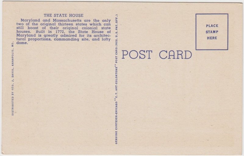 State Capitol Annapolis Maryland MD Postcard Unused