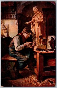 Vienna Wien Austria 1930s Postcard Mobel Ecke Boy Carving Wooden Madonna Statue