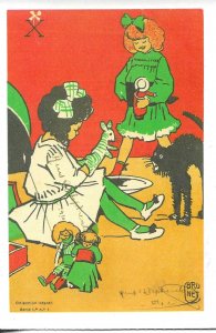 Girls playing with dolls, and angry black cat Modern Spanish artist signed PC