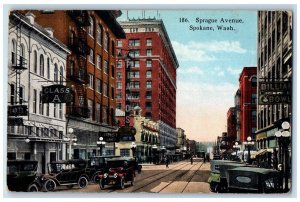 c1910 Sprague Avenue Downtown Classic Car Building Railway Spokane WA Postcard