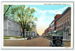 c1920 Court Street Looking West Exterior Classic Cars Pekin Illinois IL Postcard