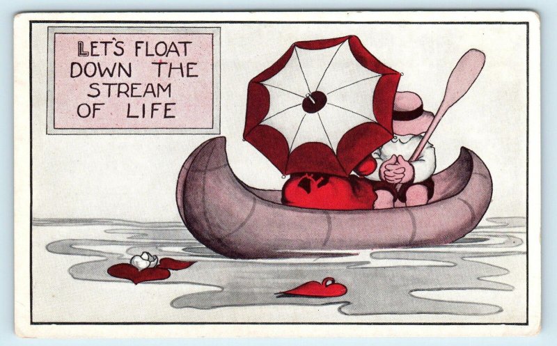 ROMANTIC/COMIC c1910s  Postcard : LET'S FLOAT DOWN the STREAM of LIFE