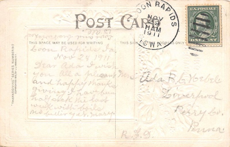 Thanksgiving Greeting Pilgrim Hides From Turkey Behind Tree, AA374-30