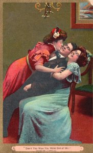 Vintage Postcard 1912 Lovers Love Triangle Kissing Romance Inside the House