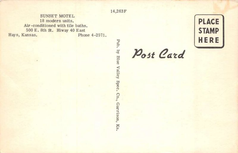Hays Kansas Sunset Motel Vintage Postcard AA105893