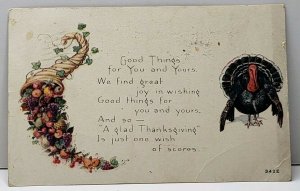 Thanksgiving Greeting Turkey & Bounty of Fruit 1919 Fall River Mass Postcard A6