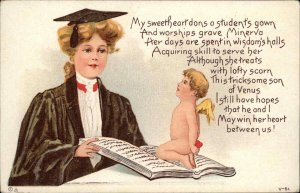 Valentine Cupid Beautiful Woman Scholar c1910 Vintage Postcard