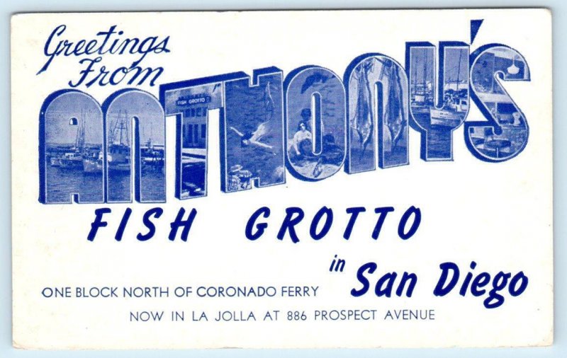 SAN DIEGO, California CA ~ Large Letter ANTHONY'S FISH GROTTO 1950s-60s Postcard