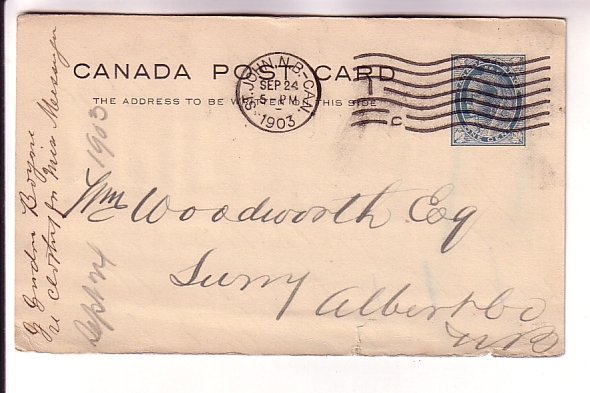 Canadian Postal Stationery Postcard, Victoria Leaf, Used 1903 New Br8unswick